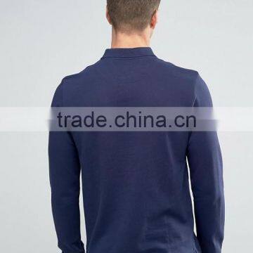 Custom Long Sleeve Button Placket Men's 100% Cotton Breathable Pique 200g Casual Navy Polo Shirt photo-2