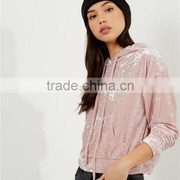 MGOO Women Plain Shell Pink Velvet Cropped Hoodie With Drawstrings Front Pocket Fitness Pullover