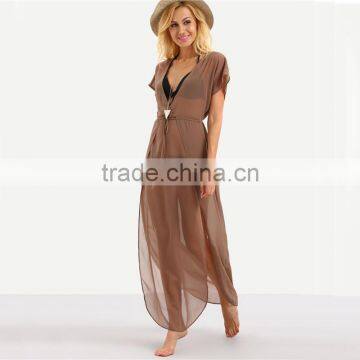Latest Design Ladies Brown Drawstring Waist V Neck Split Dresses Summer Beach Wear Sexy Short Sleeve Long Maxi Dress photo-4