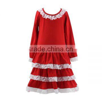 Wholesale red ruffle lace dress girls frock cotton dress children boutique Christmas dress