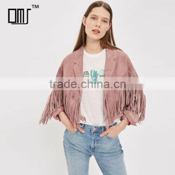 Lapel collar fringed short coat womens faux suede tassel bomber jacket