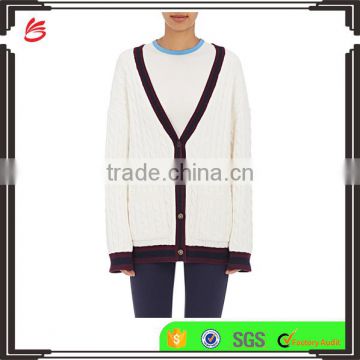 Wholesale Pure White V-Neck Rib-Knit Cashmere Women Sweater with Buttons Fastening and Slant Pockets