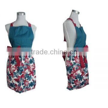 Women's 100% Cotton Apron with Ribbon, Blue and Red Flower