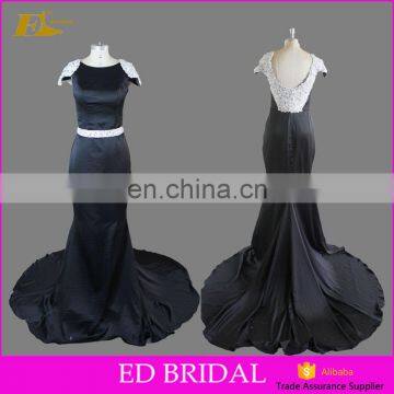 Elegant Cap Sleeve Beaded Court Train Black Long Evening Dress For Fat Women