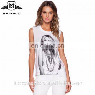 Fashion Sleeveless O-neck Fitness Printed Custom Casual Women T Shirt