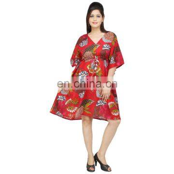 Indian 100%Cotton Floral Print Women's Wear Maxi Dress Kimono Sleeve Knee Length Sexy Kaftan