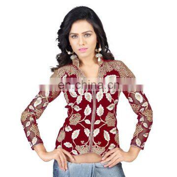 Velvet machine work red unstitched blouse for women