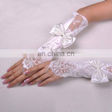 New Design Satin Bow Elbow length Wedding Bridal Gloves Red&Black Fingerless Lace Trim Gloves Pearl Beaded And Sequined