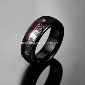 2019 NUNCAD 8mm Wide Tungsten Steel Ring Plating Black Inlay Triple Spiral Pattern+Red Guitar String Tungsten Carbide Ring T229R photo-2