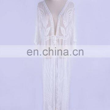 2019 сексуальная проницаемая летняя пляжная платье с собственным ремнем, прозрачное белое шелковое туника, женское пляжное платье-макси, сарафан для пляжа photo-3
