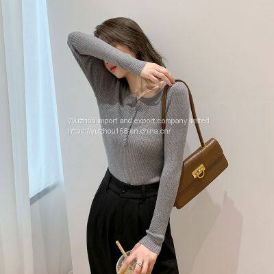 Fall/winter 2021 V-neck Careful Machine Trim Versatile Women's Knit Long Sleeve Shirt photo-3
