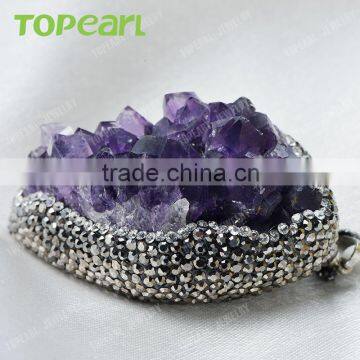 Topearl Jewelry Amethyst Druzy Cluster Geode Pendant Necklace Rhinestones Clay Pave Pendant SPW01