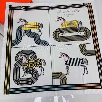 Fashion Horse Painting Squre Dress Silk Feels Soft Scarves Literature and Art Style High Quality 90*90CM photo-2