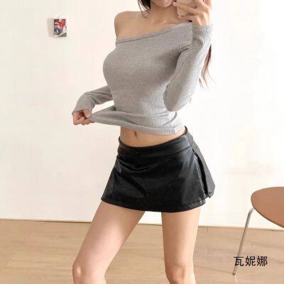 Camisa de manga larga tipo T con cuello inclinado brillante y sin hombros, de estilo europeo y estadounidense, nueva y a la moda para chicas, de ajuste irregular, para mujeres