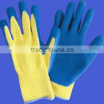 Yellow yarn blue glue latex coated cotton gloves