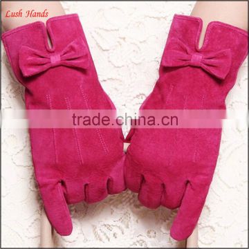 women wearing cheap suede leather gloves with bowknot