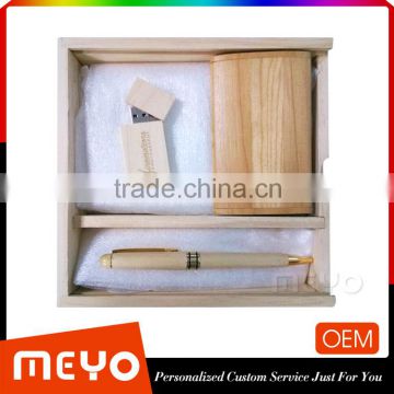 Custom Logo Painting Wooden USB Flash Device 4-64GB Wooden Ball Pen Wooden Card Holder Set