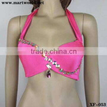 sexy fushia rhinestone belly dance bra top (XF-053)