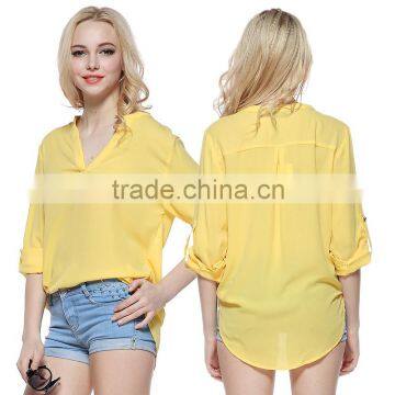 Women's Chiffon Solid Loose Casual Half Sleeve V Neck Shirt Blouses OEM ODM Type Clothes Factory Manufacturer Guangzhou