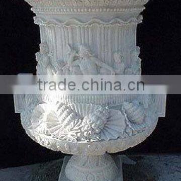 Decoration White Marble Stone Plant Pot Hand Carved Sculpture From Vietnam