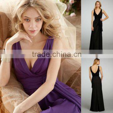 Custom Made Wholesale V-neck A-line Floor Length Mink Lining Draped Ruffles Bridesmaid Dress 5318