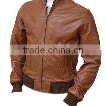 men's Tan Leather Collar Bomber Jacket