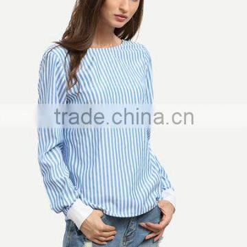 Blouses Latest Fashion Design Women Clothing Blue Striped Tie Back Backless Long Sleeve Blouse photo-3