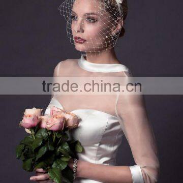 (MY0509) MARRY YOU 2016 Short High Neck Soft Satin Tea Length Wedding Dresses With Sleeves photo-2