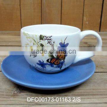 Household/ Office Used Ceramic Cup with Blue Saucer for One