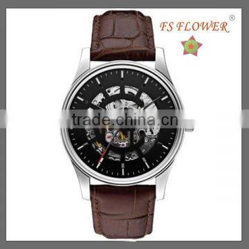 FS FLOWER - Cheap Price Wrist Watch Chinese Skeleton Movt Leather Strap Watch Mens