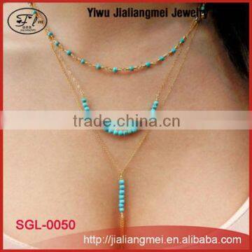 Cheap fashion simple geometric turquoise beaded multilayer short necklace