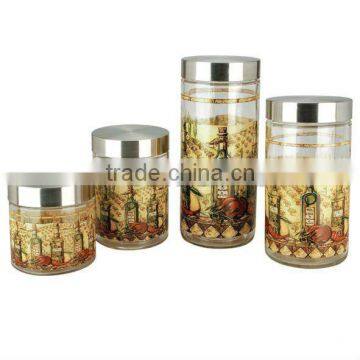 SINOGLASS 4 pcs with Tuscany decal cylinder shape glass storage canister jar set