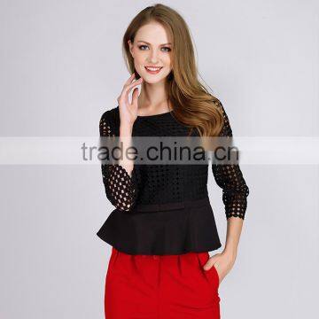PRETTY STEPS 2016 latest hollow out see through women woven mesh black long sleeve tops blouses