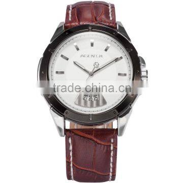 Stainless Steel Black Case Date Leather Strap Analog Quartz Casual Men Watch