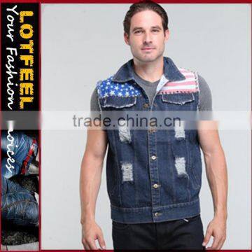 Best quality man american flag distressed denim vest (LOTJ316)