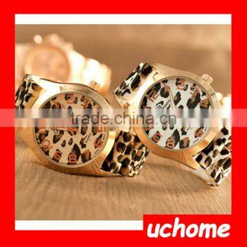 UCHOME Wholesale Fashion Stainless Steel Back Leopard Geneva Silicone Watch Woman