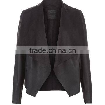 100% Polyester Soft Suedette Panel Jackets Black Leather-Look Suedette Panel Waterfall Cheap Leather Jacket Motorcycle