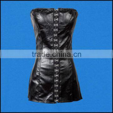 Black Faux Leather Sexy Gothic Corset Dress Front Hasp Strapless Sheath Dresses PVC Club Dress Erotic Women Fashion Dancewear photo-3