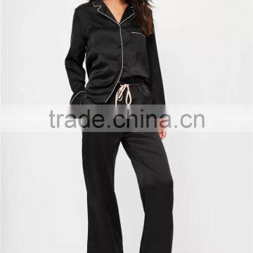 Custom Logo Back Embroideried Pajama Set White Piping Long Pajama Set Black Long Sleeve Top With Long Pants Nightwear photo-4