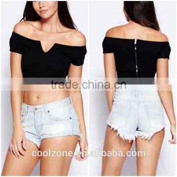 Latest off Shoulder Women Crop Top Wholesale Black Plain Crop Tops