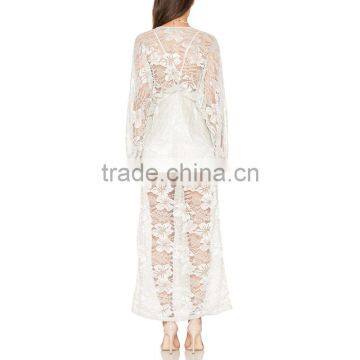 Button up Long Sleeve Fancy Lace Dress Bridal Casual Maxi Robe photo-3