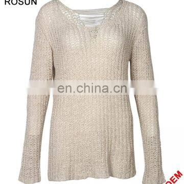 Summer Cream Back Distressed Relax See Through Cold Sexy Sweater for Women