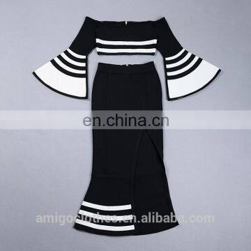 2017 New Black and White Strips Navy Style Bandage Dress 2pcs Sets photo-4