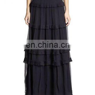 Latest Design Ruffled Tier Maxi Skirt Black Mesh Long Skirt for Women 2015
