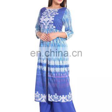 Designer Long Dress Cotton Flared Front Open Slit Boat Neck Blue Color 3/4 Sleeve For Women Manufacturer of Kurti India photo-3