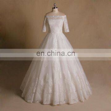 Princess Off Shoulder Applique Lace & Beads 1/2 Sleeve Wedding Party Dress