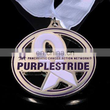 Personalized high quality silver plated purple breast cancer metal awareness medal