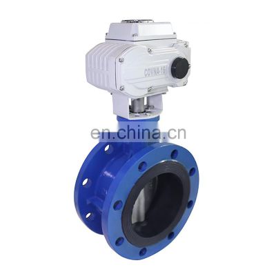 COVNA PN16 NBR Rubber Seat Double Flange Type Carbon Steel 12V DC On Off Electric Rotary Actuator Butterfly Valve