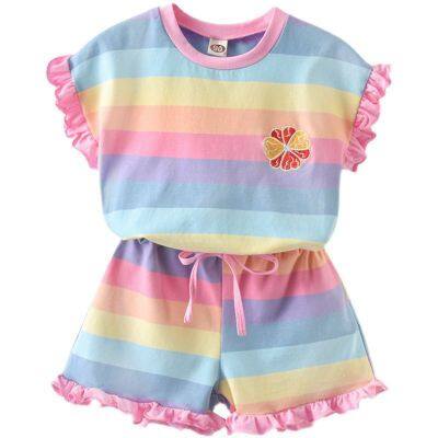 Summer Girl Cool Rainbow Embroidered Butterfly Edge Short Sleeved Shorts Set photo-3