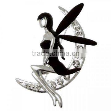 Custom-made Matt Black Enamel Fairy on a Moon Brooch